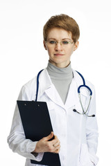 Medical doctor woman with stethoscope.