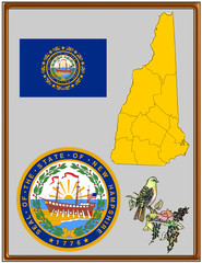 USA state New Hampshire flag map coat bird