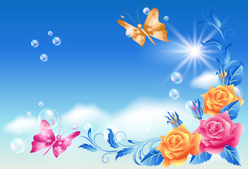 Obraz na płótnie Canvas Roses and butterfly in the sky