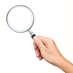 Fototapeta premium Hand holding magnifying glass isolated on white background