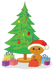 Teddy bear, gifts and Christmas tree