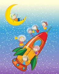 Door stickers Cosmos kids on moon and spaceship