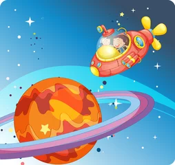 Poster kinderen in ruimteschip en Saturnus © GraphicsRF