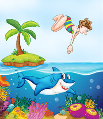 island, corel, shark and girl diving