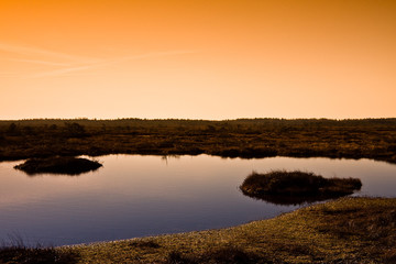 Marsh landscape in Estonia with lakes and small islands in it.