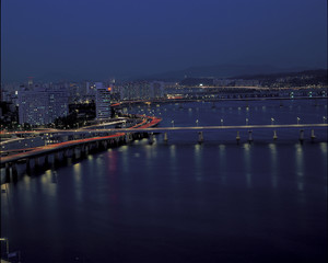 night view of riverside road and bridge over Han River