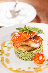 fish with rice and vegetables