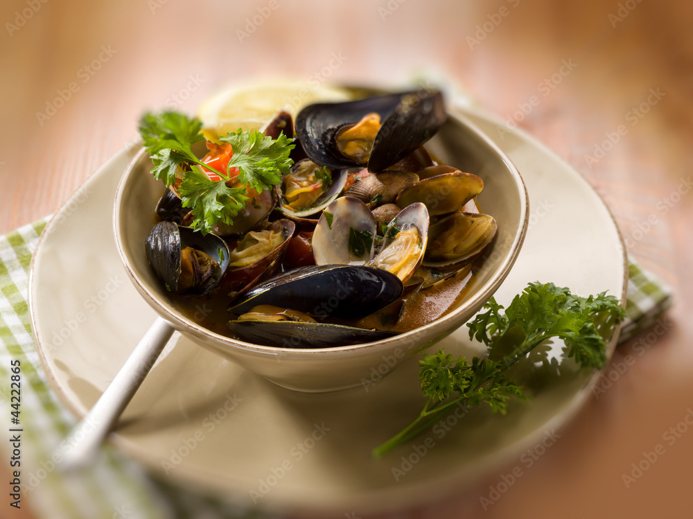 Poster mussel and clam soup, selective focus