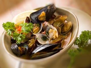 mussel and clam soup, selective focus
