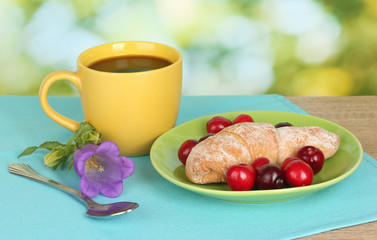 Croissant with cherries and coffee