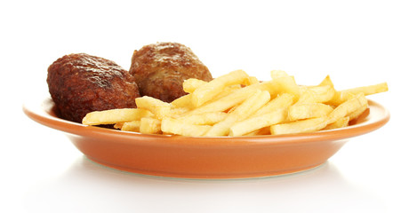 Potatoes fries with burgers in the plate isolated