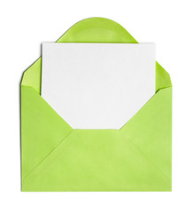 Opened green envelope or cover with blank paper sheet included