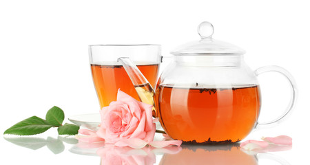 teapot and cup of tea with rose isolated on white