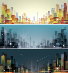 City landscape at daylight, evening and night