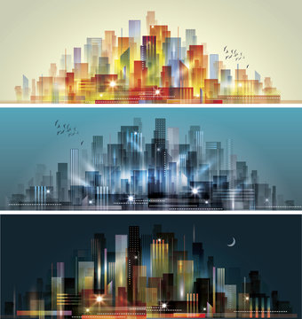 City landscape at daylight, evening and night