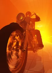 Deurstickers Silhouet van een ruiter op een oranje achtergrond. © Kovalenko I