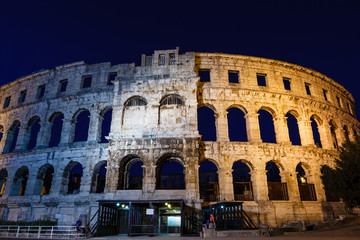 Ancient Roman Amphitheater in Pula at Night, Croatia