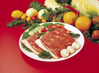 Naklejka na ściany i meble sliced meat with vegetables on the plate