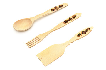 Wooden spoon, fork, spatula