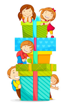 vector illustration of kids climbing pile of gift boxes