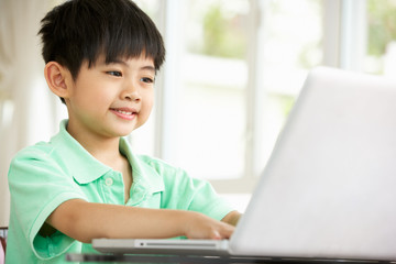 Young Chinese Boy Sitting At Desk Using Laptop At Home