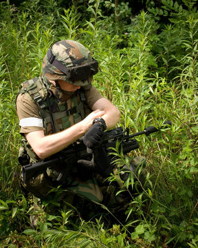 Soldier on the war in sunny day with gun in green bushes check t