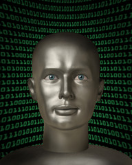 Obraz premium Robot android with human eyes in front of a field of binary code