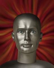 Android robot head with human eyes in a red vortex