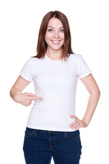 Obraz premium woman pointing at her white t-shirt