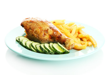 Roast chicken with french fries and cucumbers