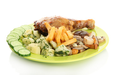 Roast chicken with potatoes, and cucumbers