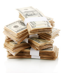 Stack of one hundred dollars banknotes close-up isolated