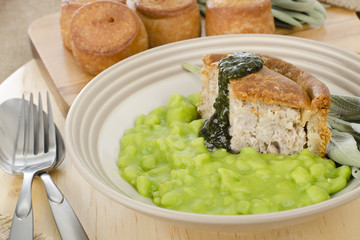 Melton Mowbray Pork Pie, Mushy Peas & Mint Sauce.