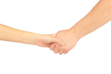 Shaking hands of two people, man and woman, isolated on white.