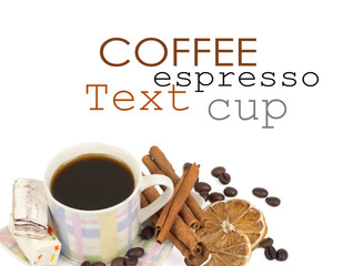Coffee cup and grain on white background