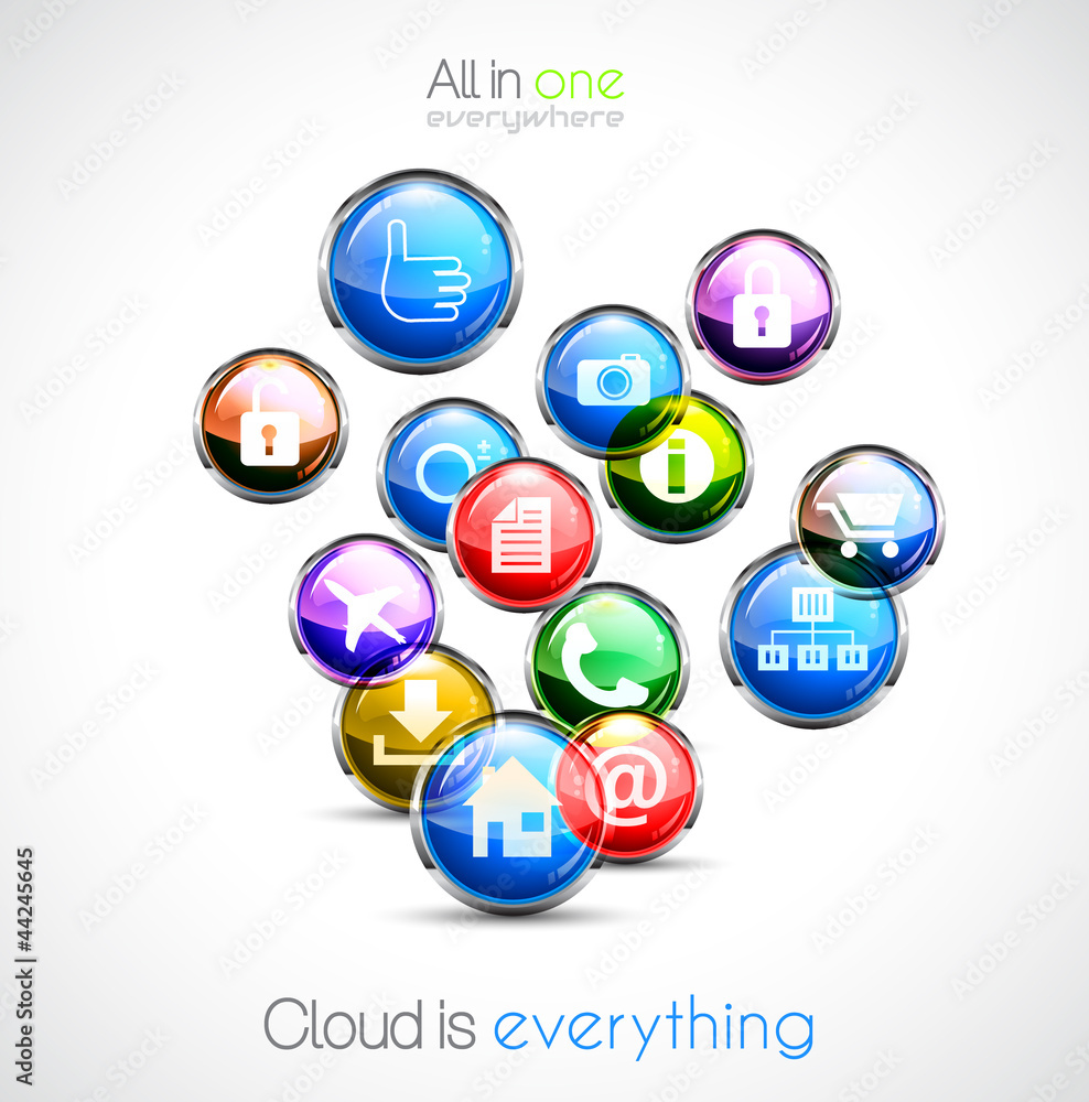 Poster cloud computin concept background with a lot of glossy sphere