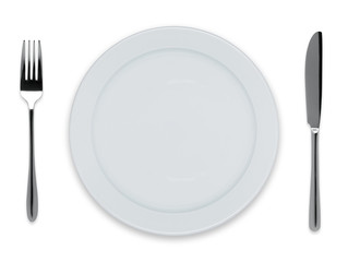 Empty dinner plate with knife and fork isolated on white