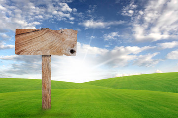 Wood sign with field grass and blue sky
