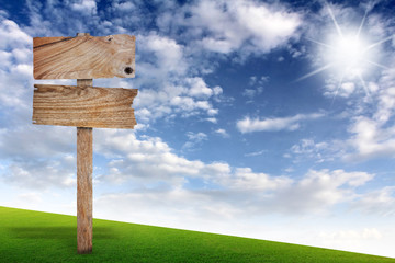 Wood sign with field grass and blue sky