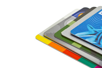 Set of color credit cards isolated on white background, selectiv