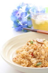 Mushroom fried rice with iced green tea