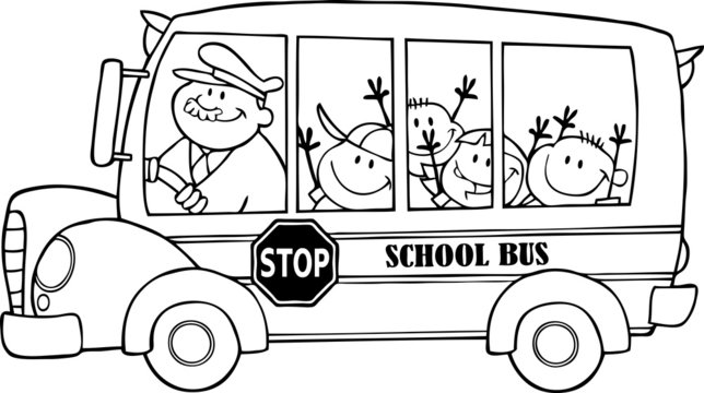 Outlined School Bus With Happy Children