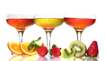 fruit jelly in glasses and fruits isolated on white