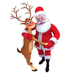 3d art illustration of santa dancing with reindeer