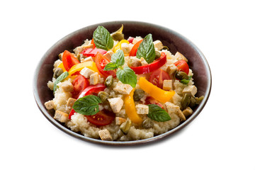 vegetarian couscous with tofu capsicum and mint leaf