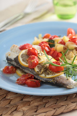 Baked sea bass with vegetables