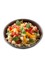vegetarian couscous with tofu capsicum and mint leaf