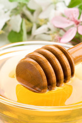 honey in glass jar and stick with blossom