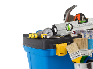 set of tools and instruments in box isolated on white