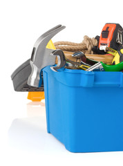 set of tools and instruments in box isolated on white